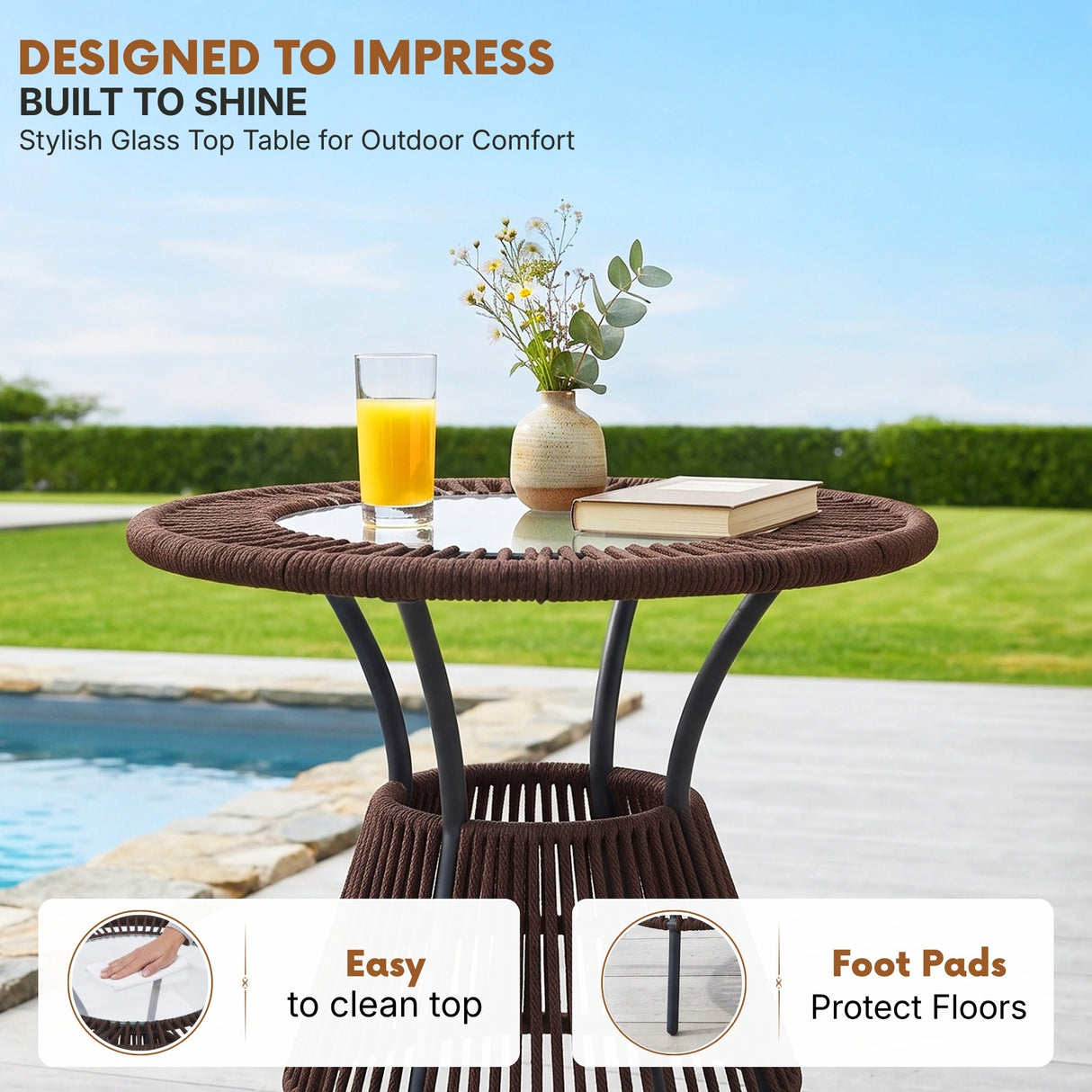 Outdoor Rope 3 Piece Patio Bistro Set (Dark Brown & Cream)