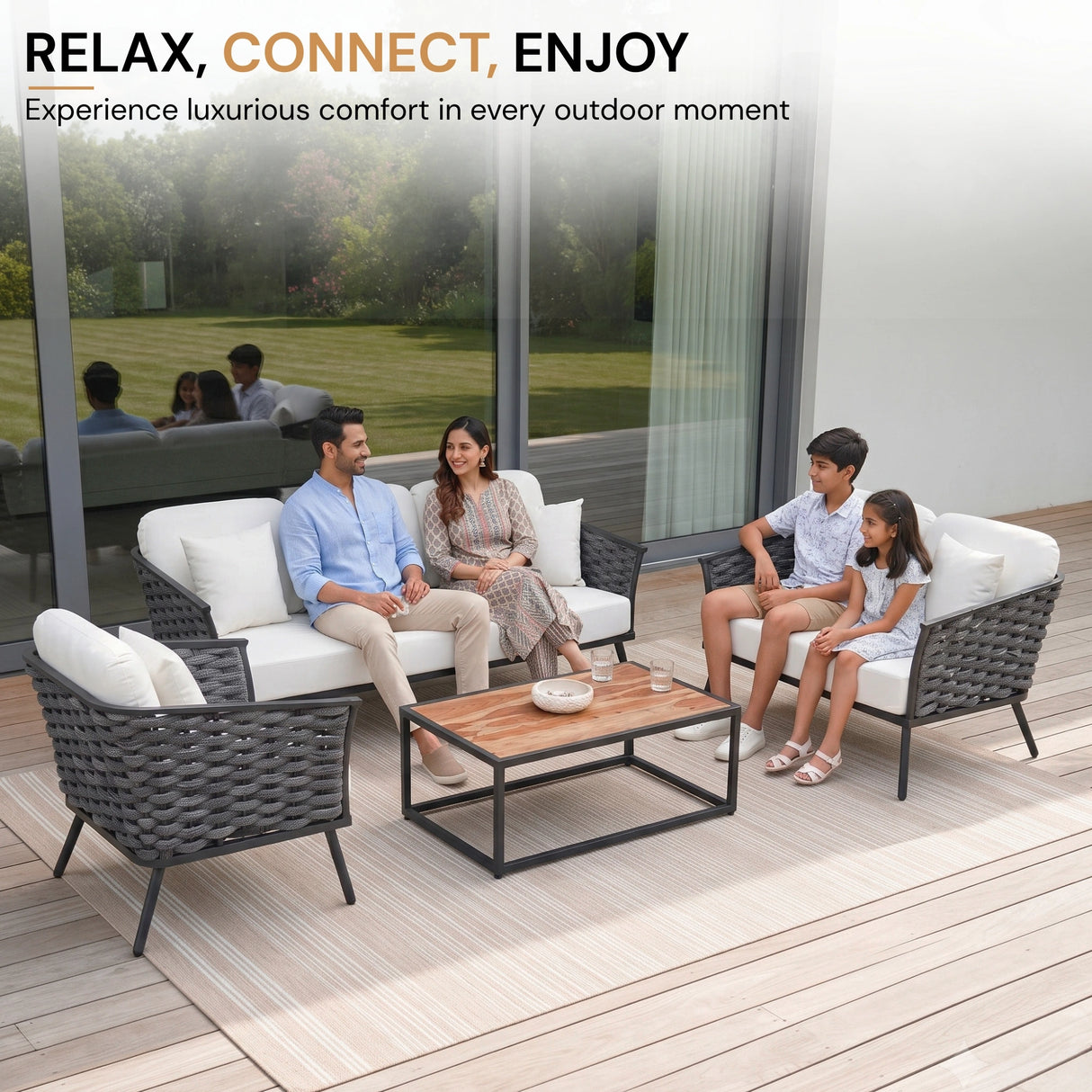 4 Piece Outdoor Rope Sofa Set with Wooden Top Table