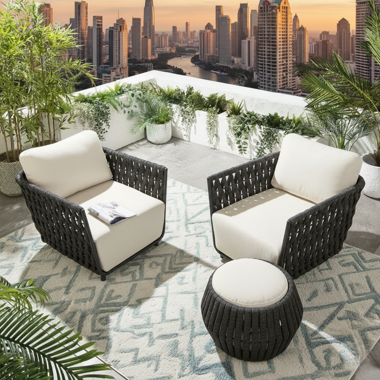 Outdoor Rope 3-Piece Patio Sofa Set (Grey & Off-White)