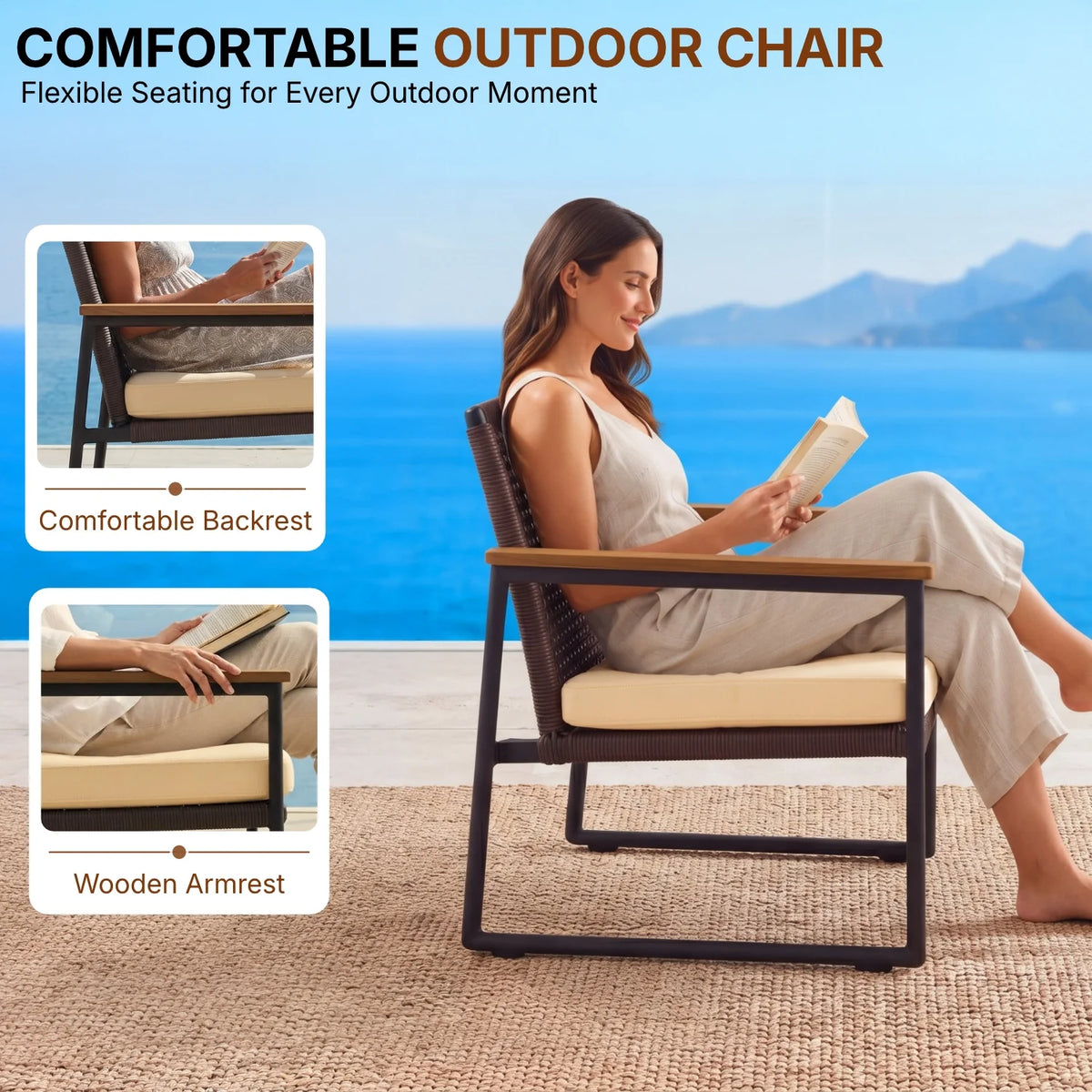 Outdoor 3-Piece Wicker Patio Set(Dark Brown & Cream)
