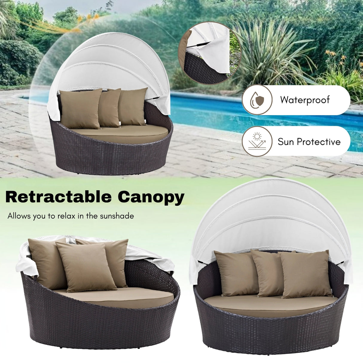 Outdoor Rattan Wicker Patio Daybed with Retractable Canopy