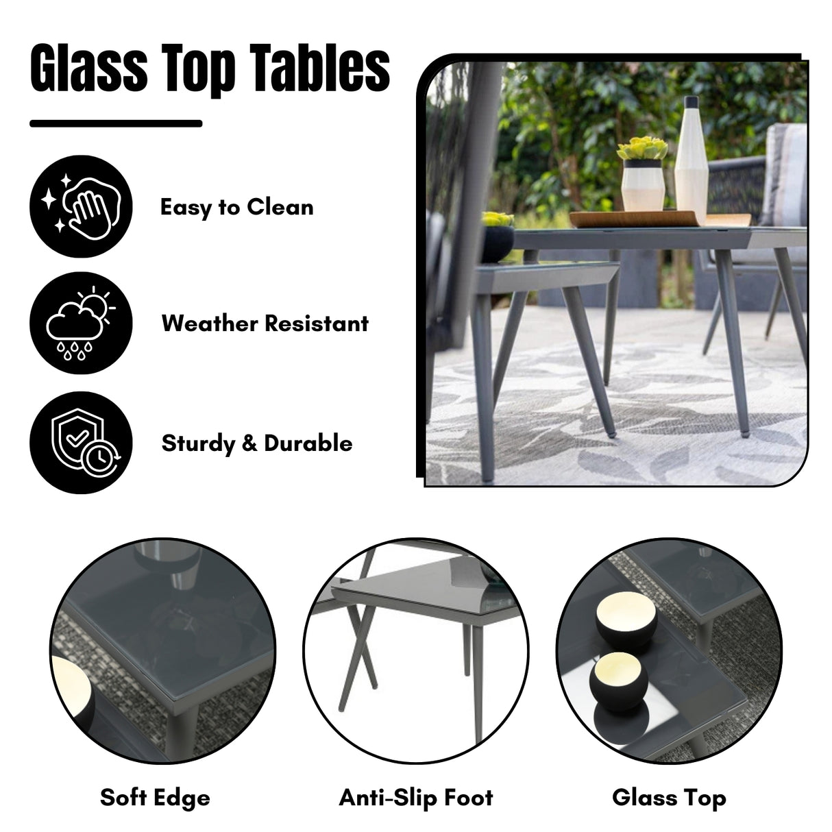 5-Seater Outdoor Rope Patio Sofa Set with Glass Top Tables (Black & Grey)