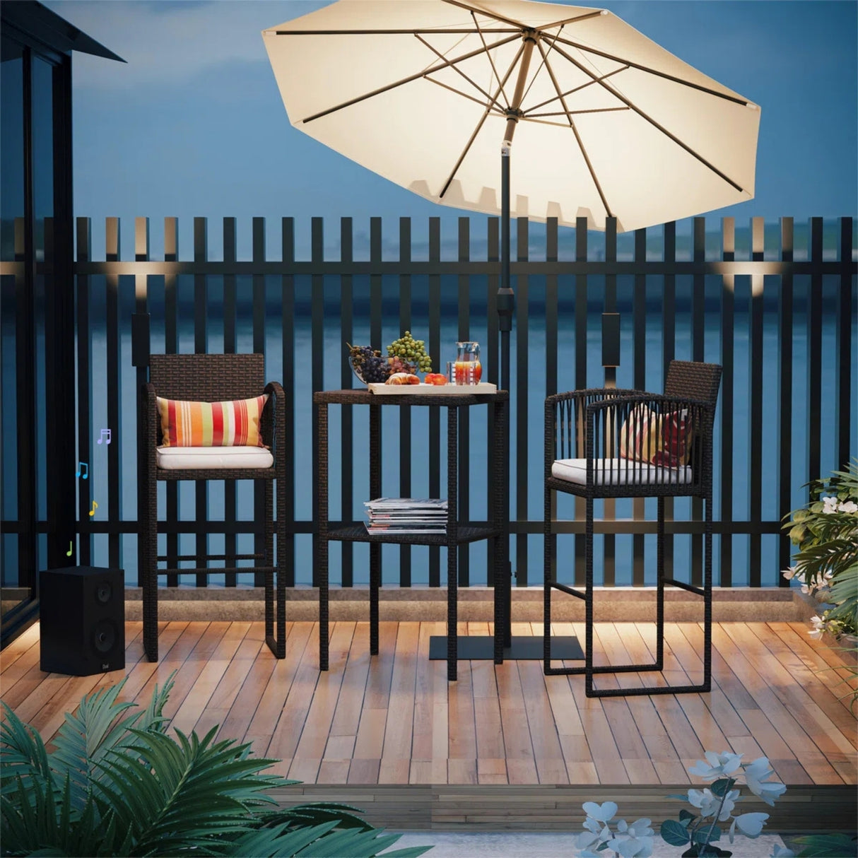 Outdoor Rattan Wicker Bar Set With 2-Tier Table