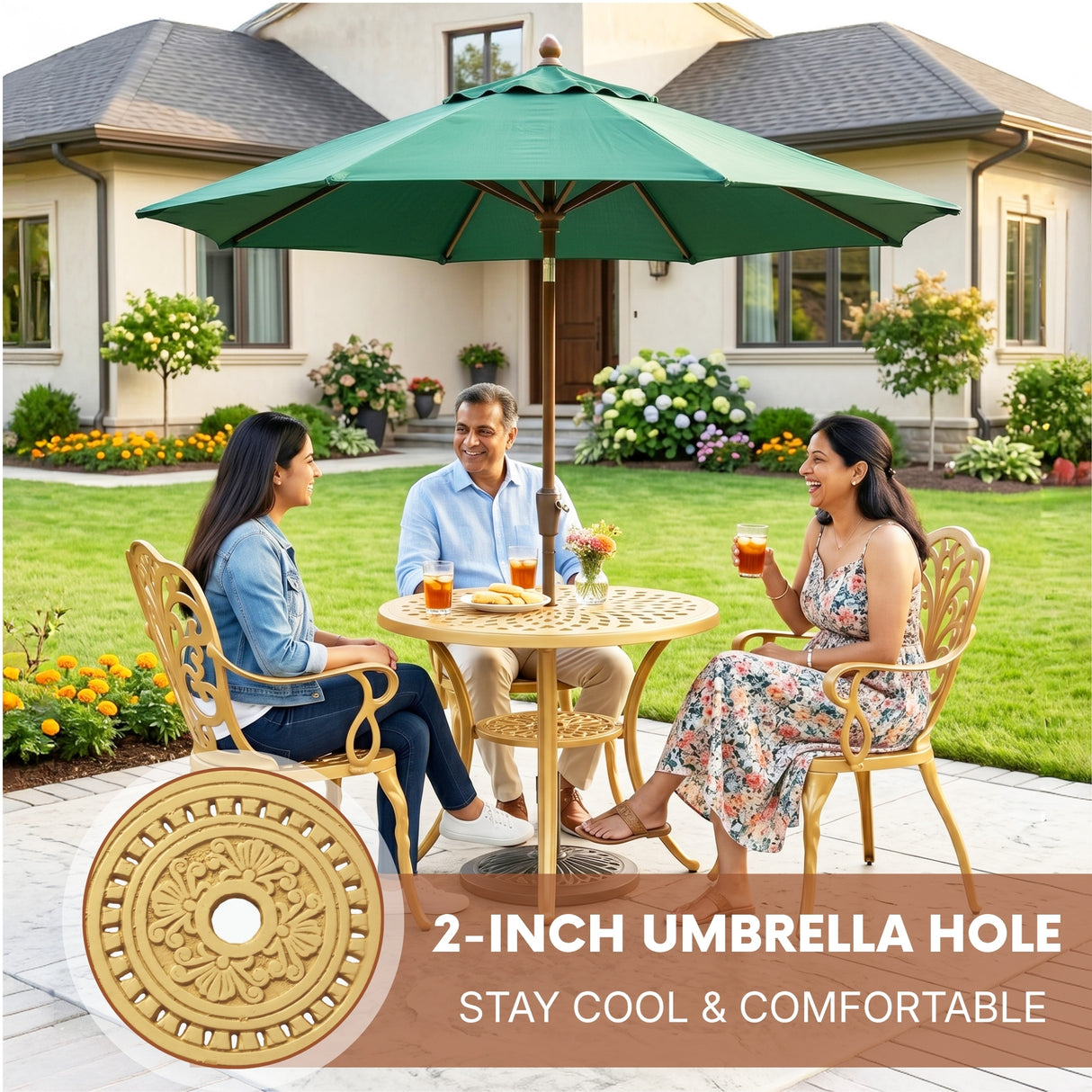 3-Seater Outdoor Cast Aluminum Bistro Set with Round Table (Beige)