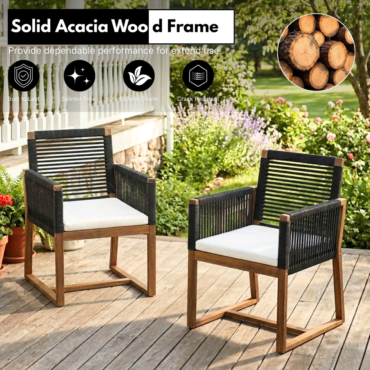 Modern Outdoor Rope Dining Chairs Set of 2 (Black & White)