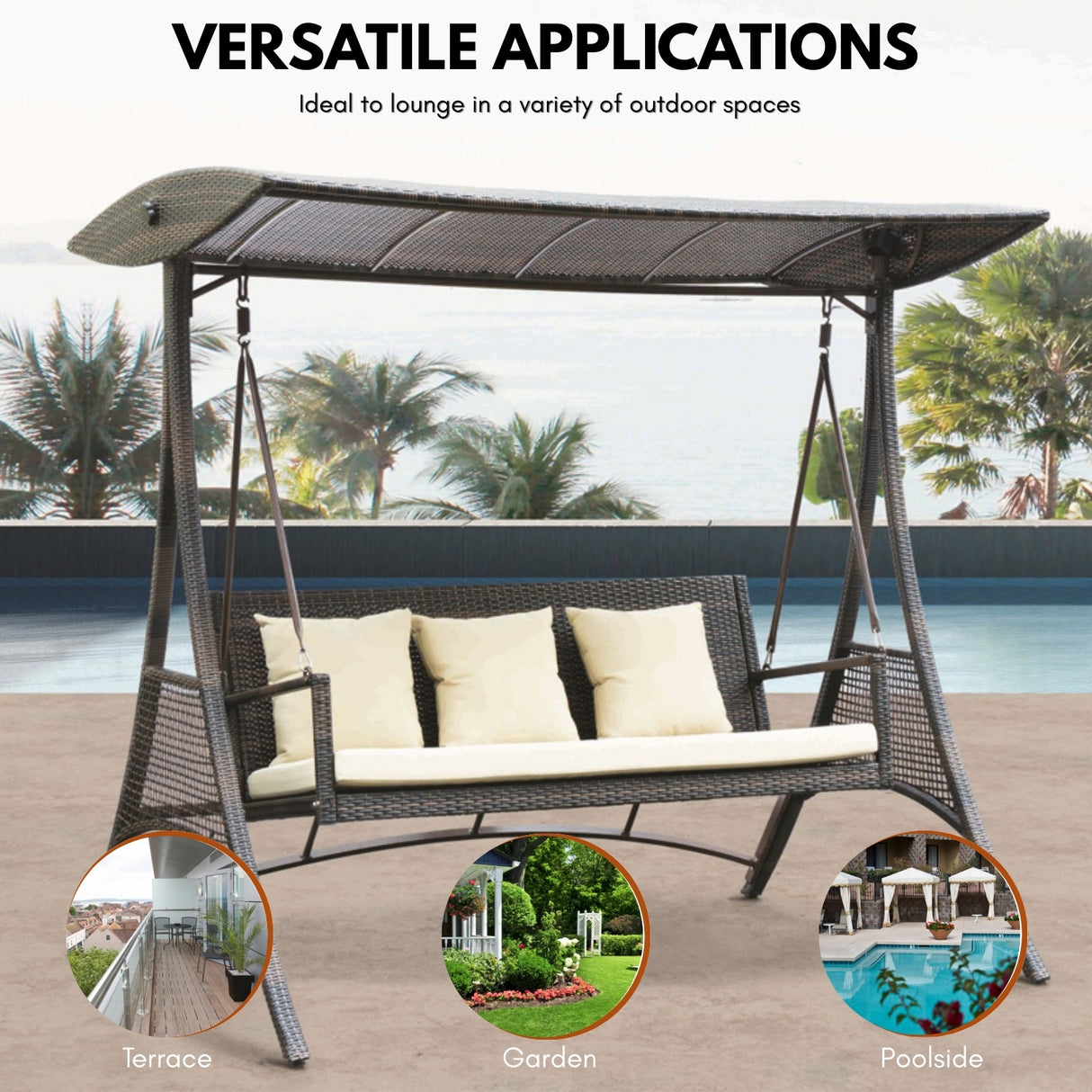 Outdoor Rattan Wicker 3-Seat Patio Swing Chair with Shade & Cushions