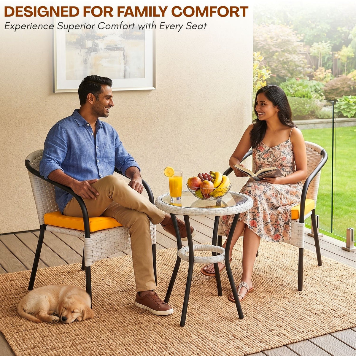 3 Piece Outdoor Wicker Patio Furniture Set (White & Yellow)