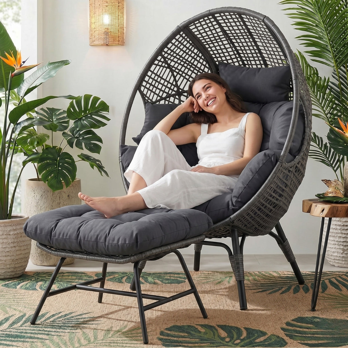 4-Piece Outdoor Wicker Egg Chair Set with Ottomans (Black & Dark Grey)