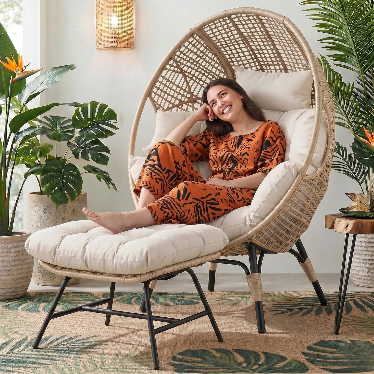 4-Piece Outdoor Wicker Egg Chair Set with Ottomans (Beige & Off-White)