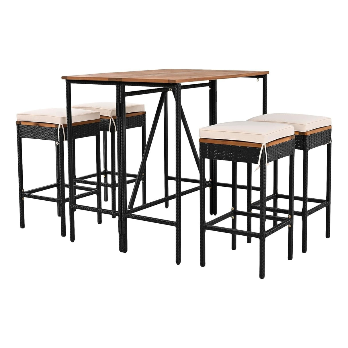 5-Piece Outdoor Rattan Wicker Bar Set with Wooden Top Table