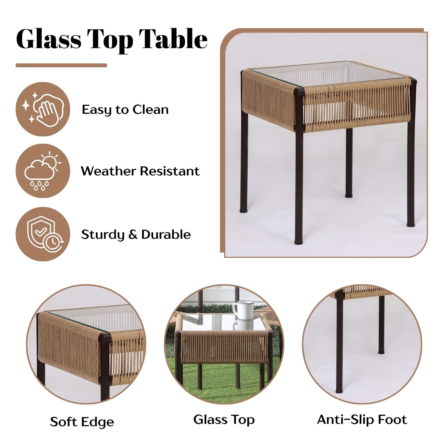 Outdoor Rope 3-Piece Patio Set (Beige)