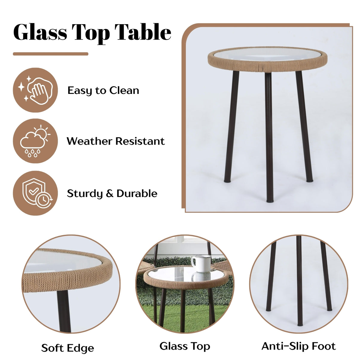 3-Piece Outdoor Beige Rope Patio Set