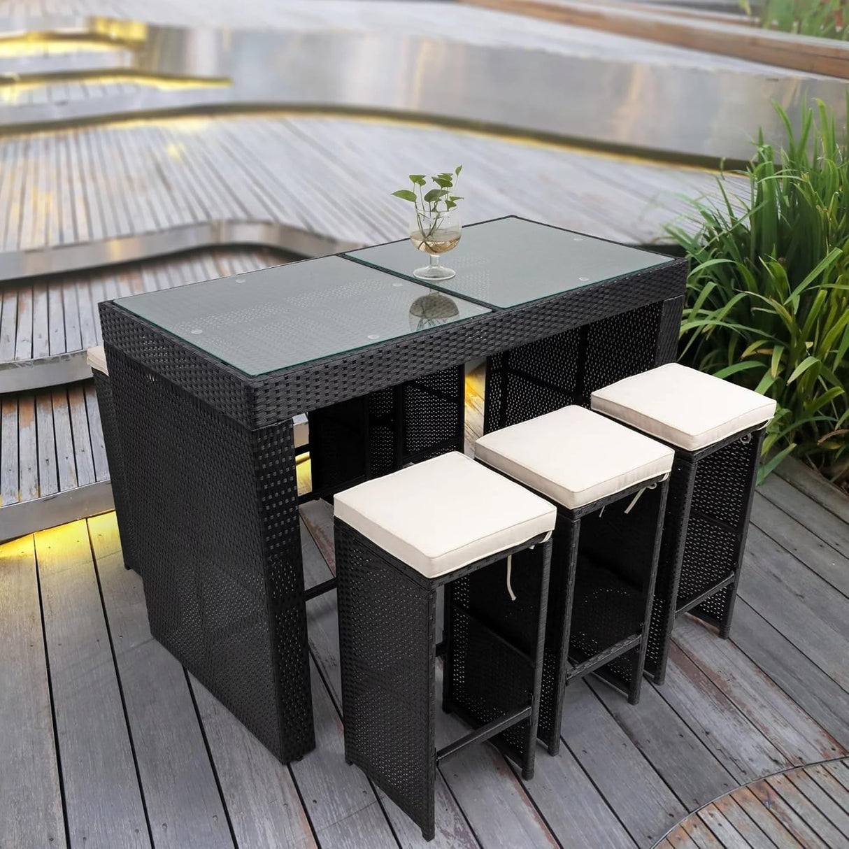 7-Piece Outdoor Rattan Wicker Bar Set with Glass Top Table