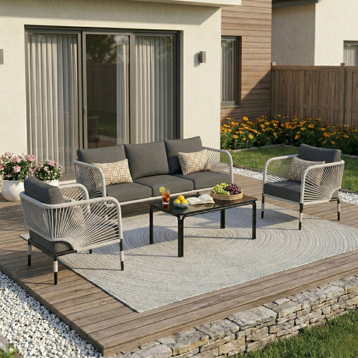 Outdoor Rope 5-Seater Sofa Set With Glass Top Table