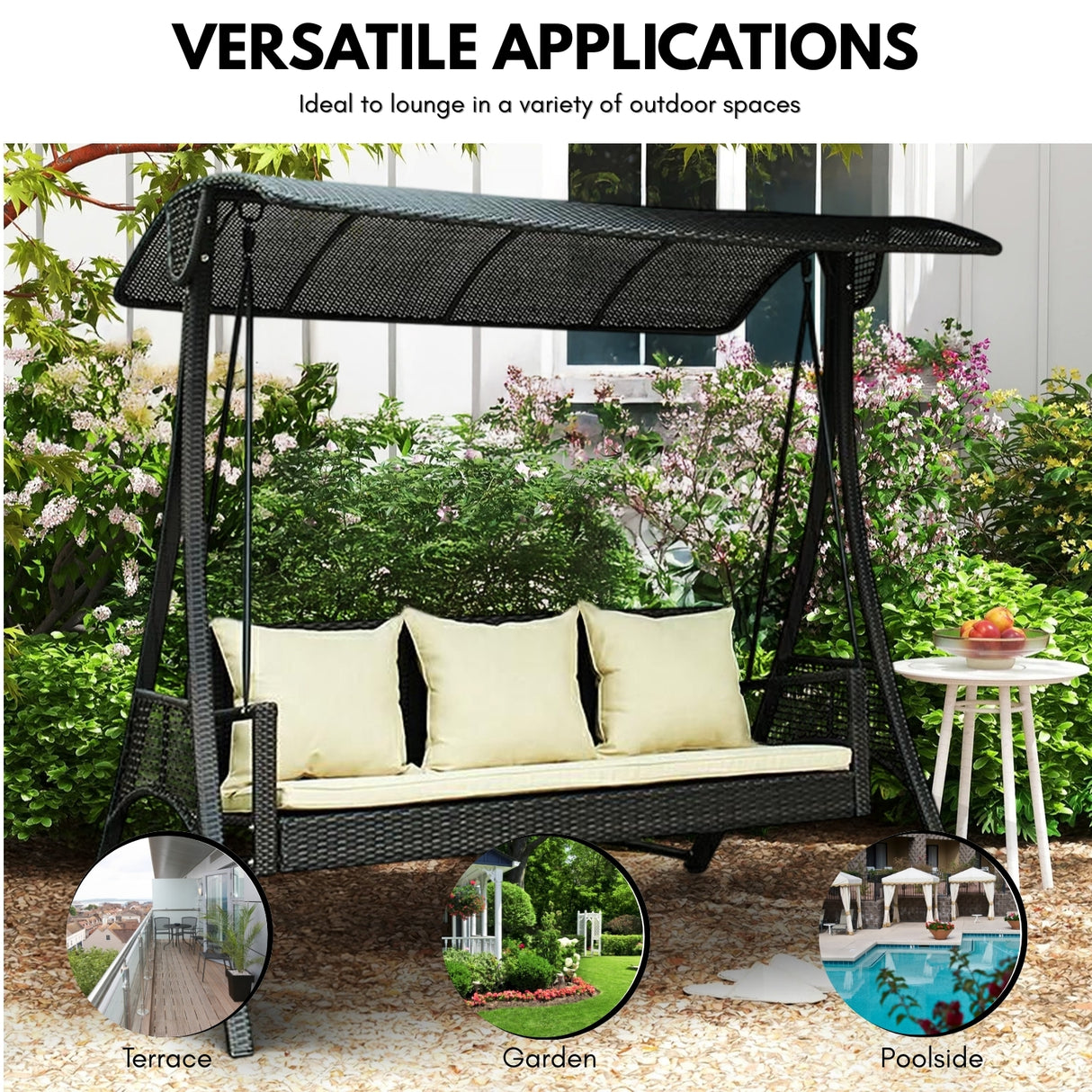 All-Weather Outdoor Rattan Wicker 3-Seat Patio Swing Chair with Shade