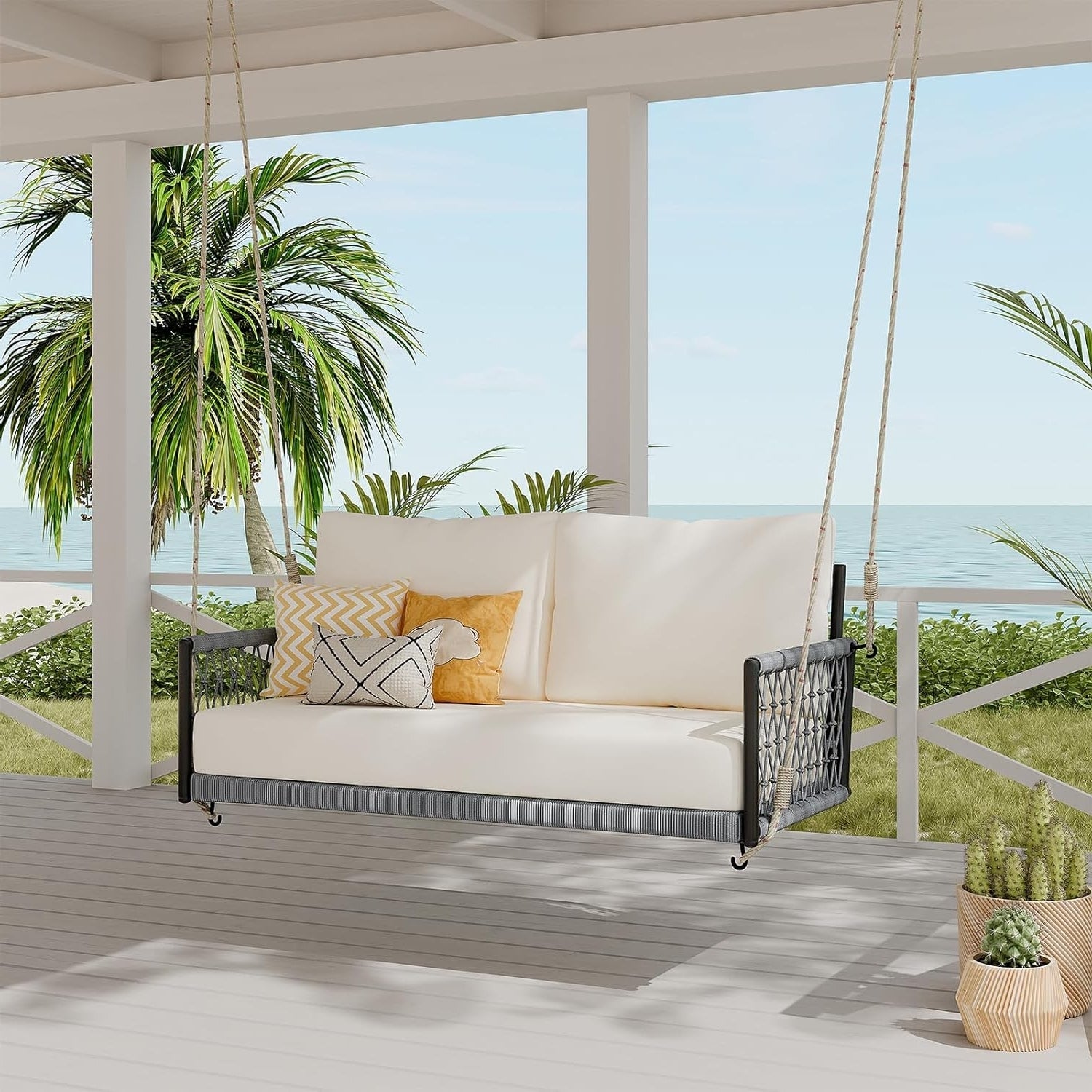 Outdoor Rope Swing 2-Person Hanging Chair, Weatherproof Porch Swing