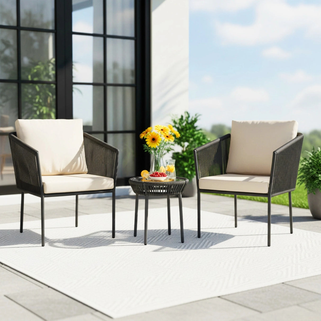 Outdoor Rope Patio Set with Glass Top Table