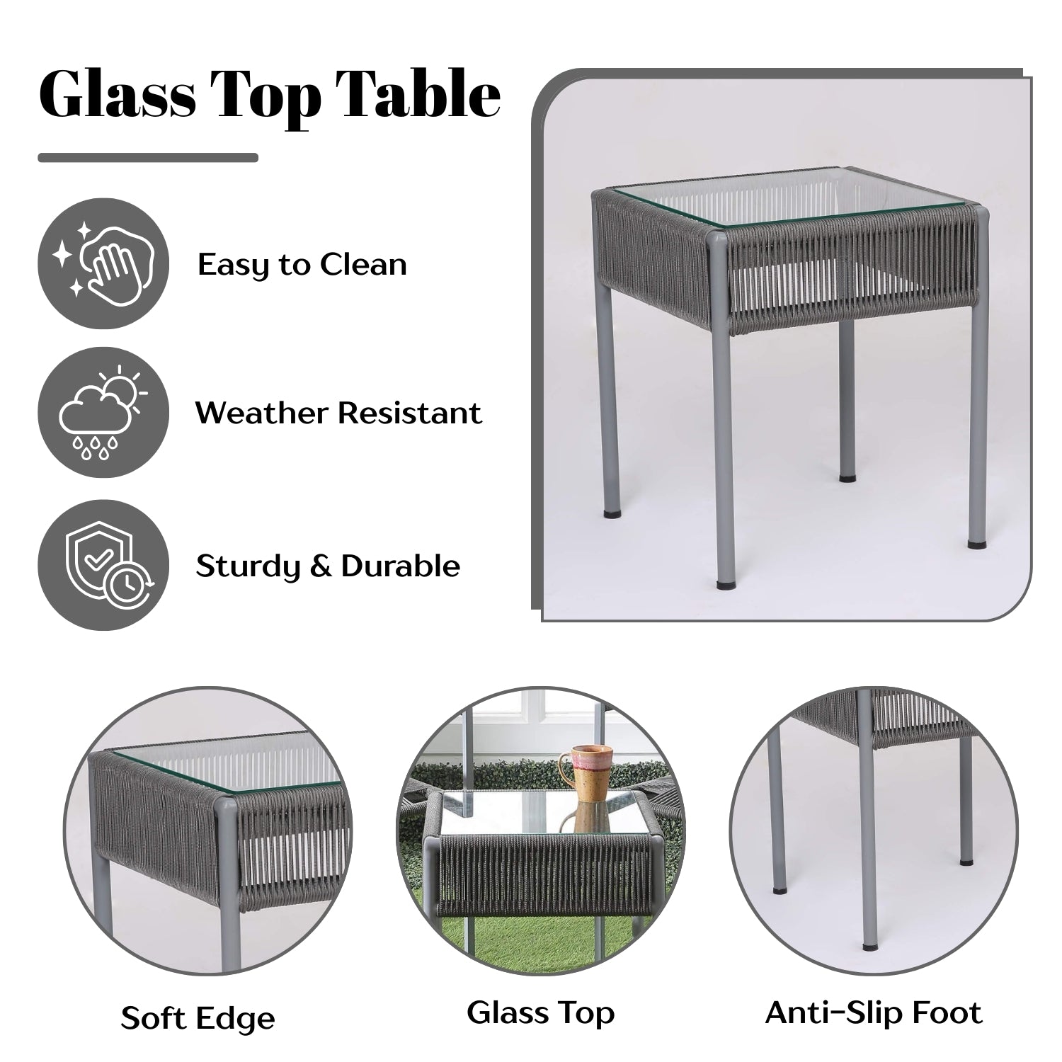 Outdoor Rope 3-Piece Patio Set (Grey)