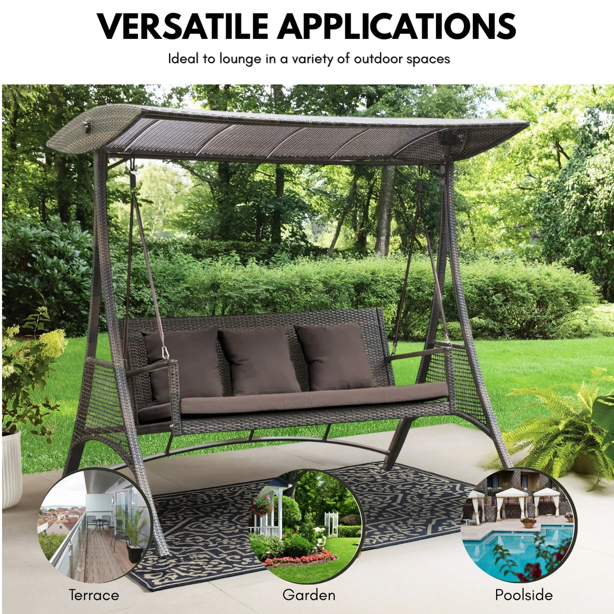 Outdoor Rattan Wicker 3-Seat Patio Swing Chair with Shade