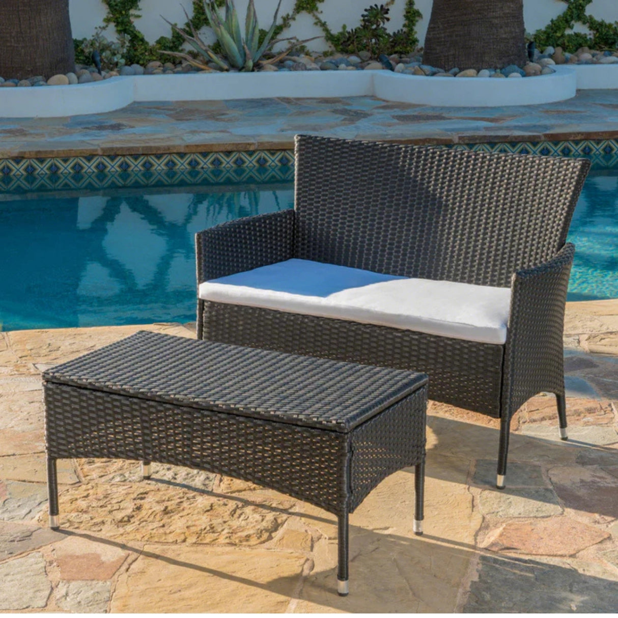 2-Piece Outdoor Rattan Wicker Loveseat Sofa