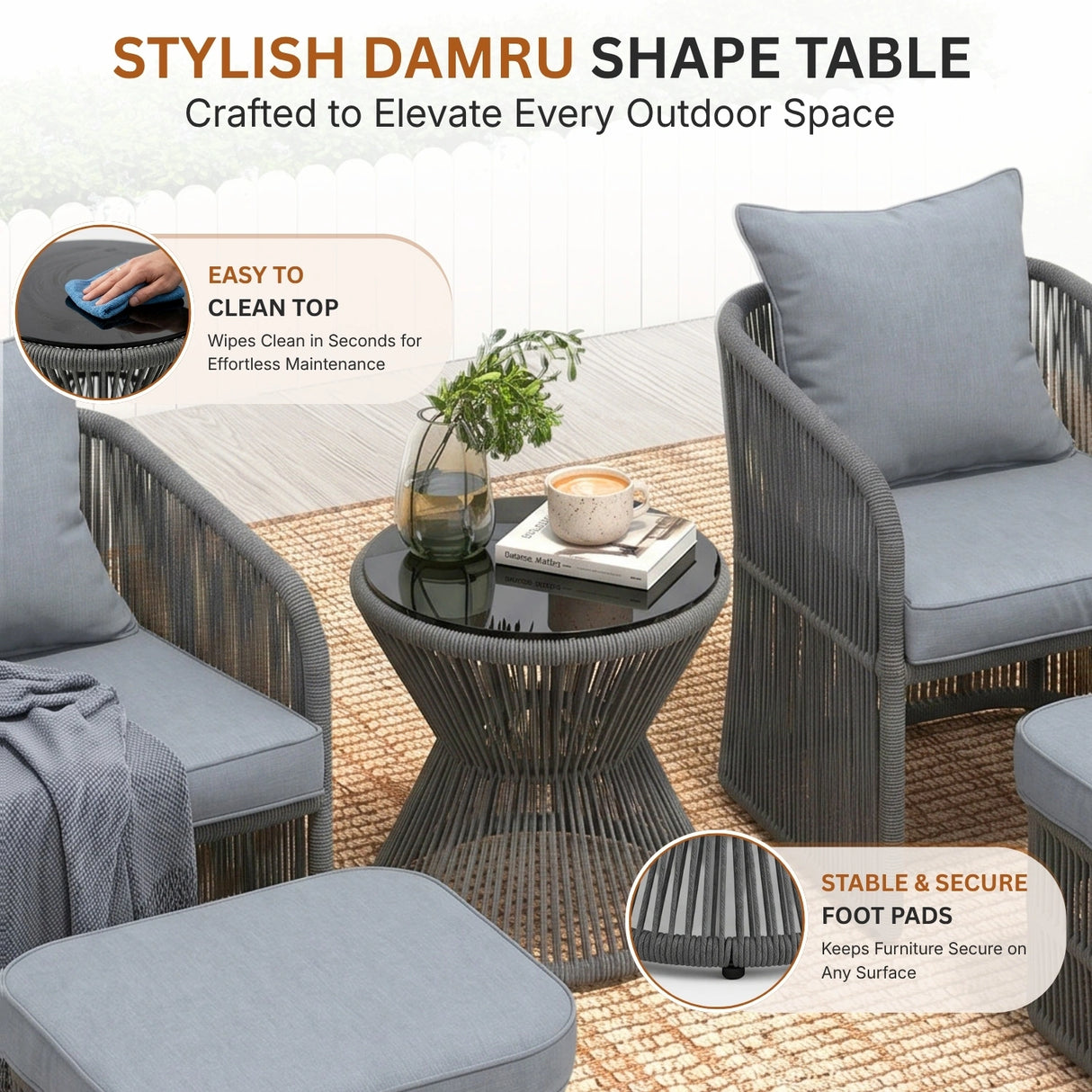 Outdoor 5 Piece Rope Patio Chair Ottoman Set (Grey)