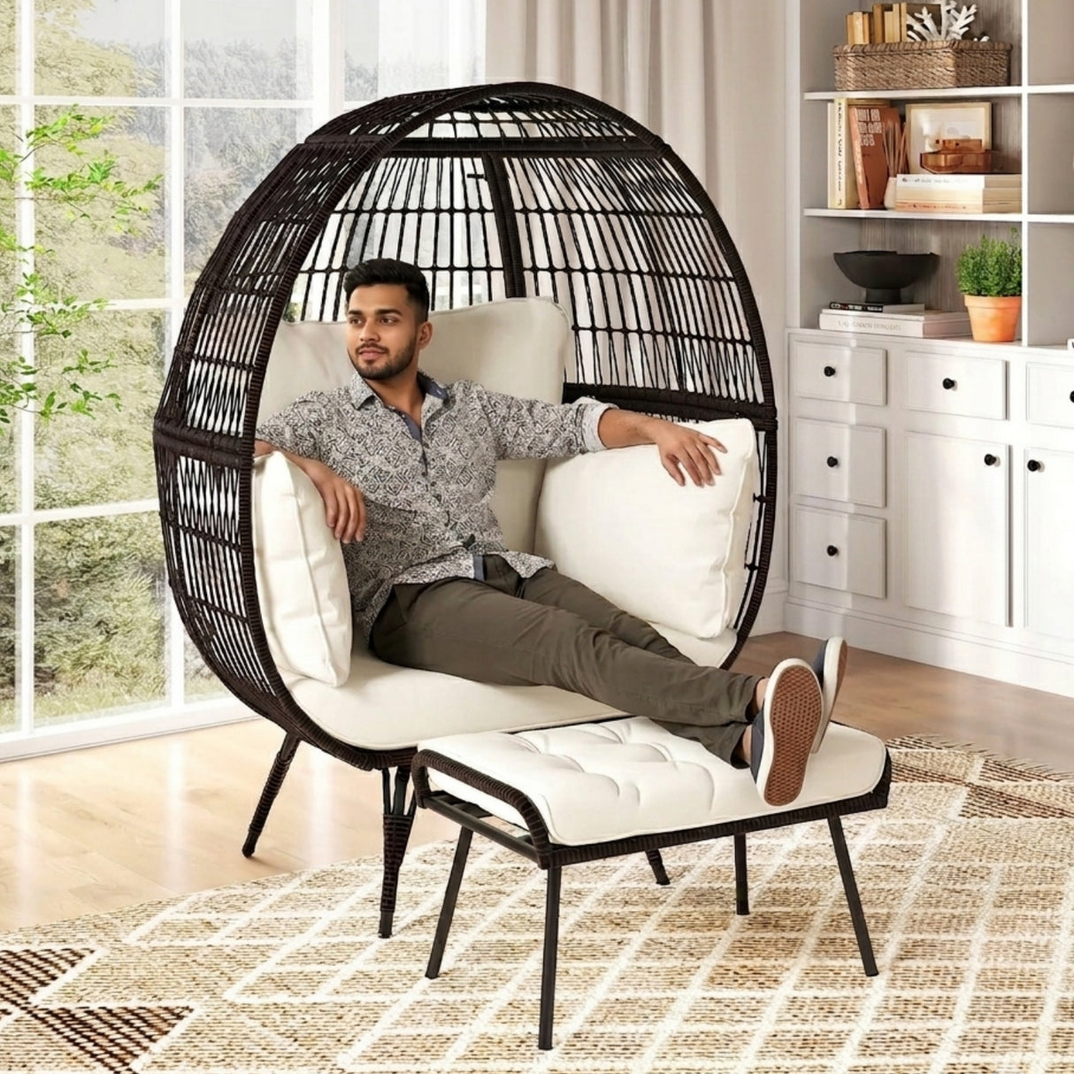 Outdoor Wicker Egg Chair with Ottoman (Black & Off-White)