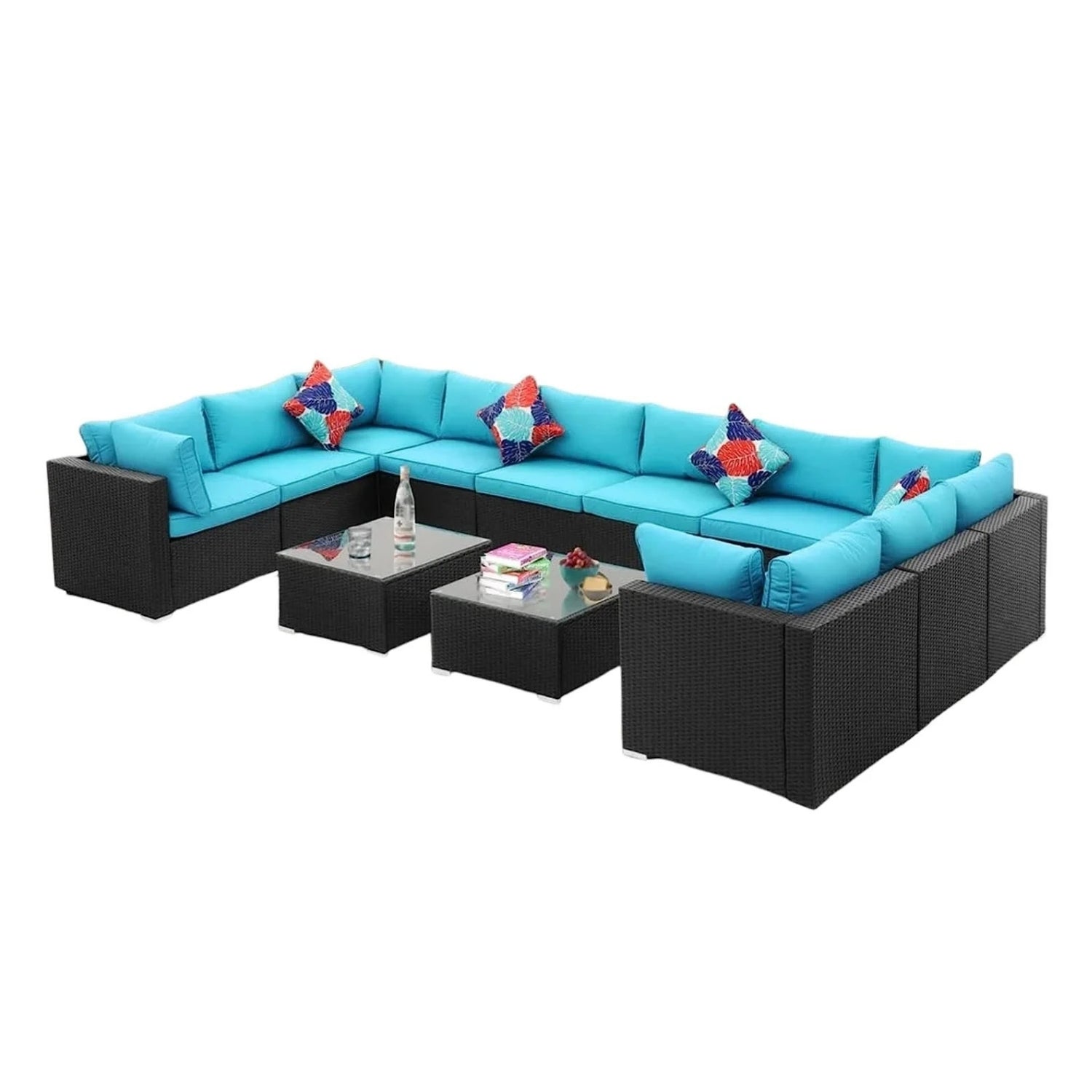6-Piece Outdoor Wicker Sofa Set (Black/Sky-Blue)
