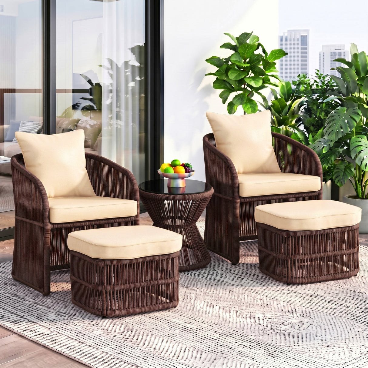 Outdoor 5 Piece Rope Patio Chair Ottoman Set (Brown & Cream)