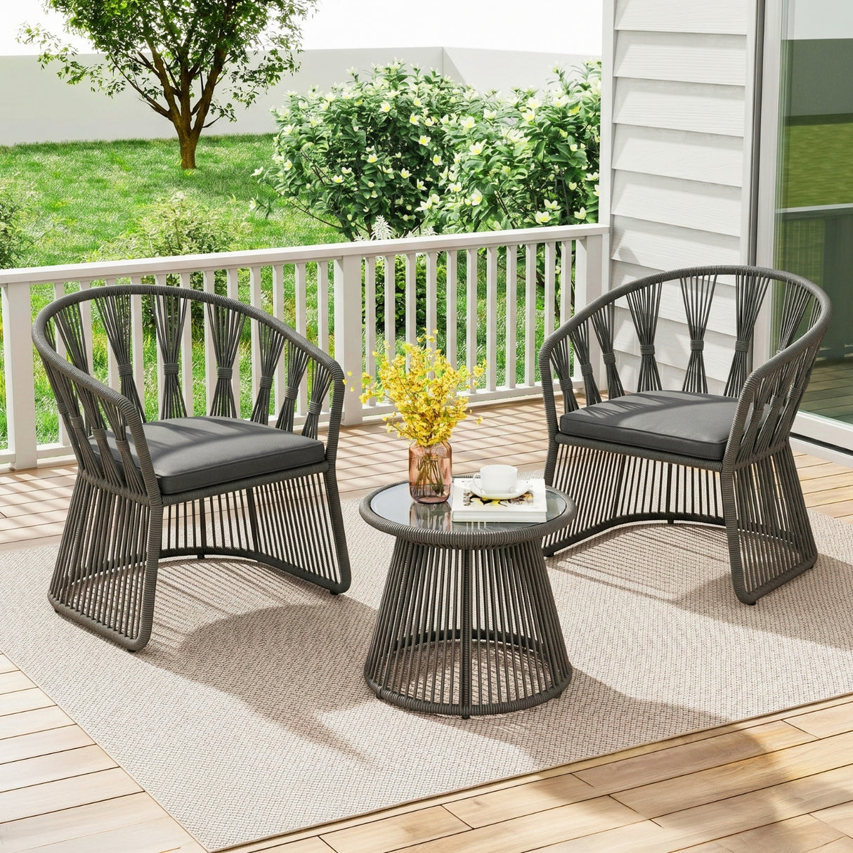 Outdoor Rope 3-Piece Patio Set (Grey & Dark Grey)
