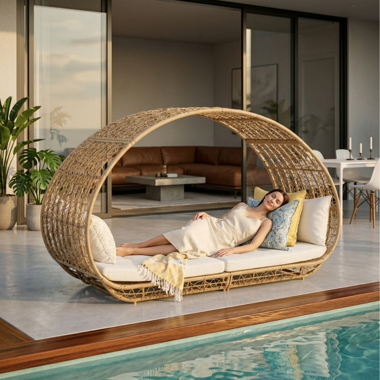 Outdoor Rattan Wicker Daybed with Oval-Shaped Canopy Frame (Beige & Off-White)