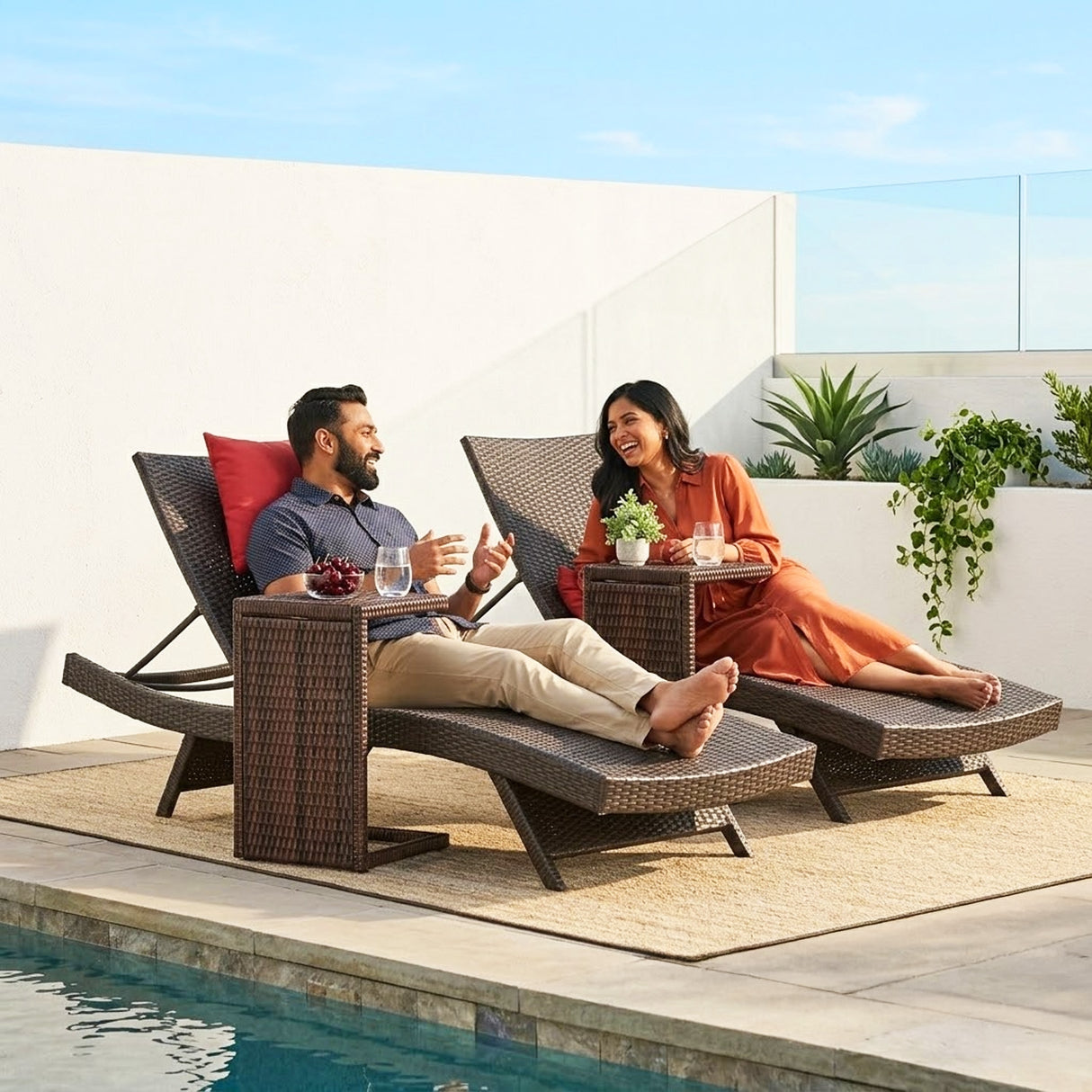 Outdoor Rattan Wicker Lounge Chairs Set of 2 with Matching Side Table