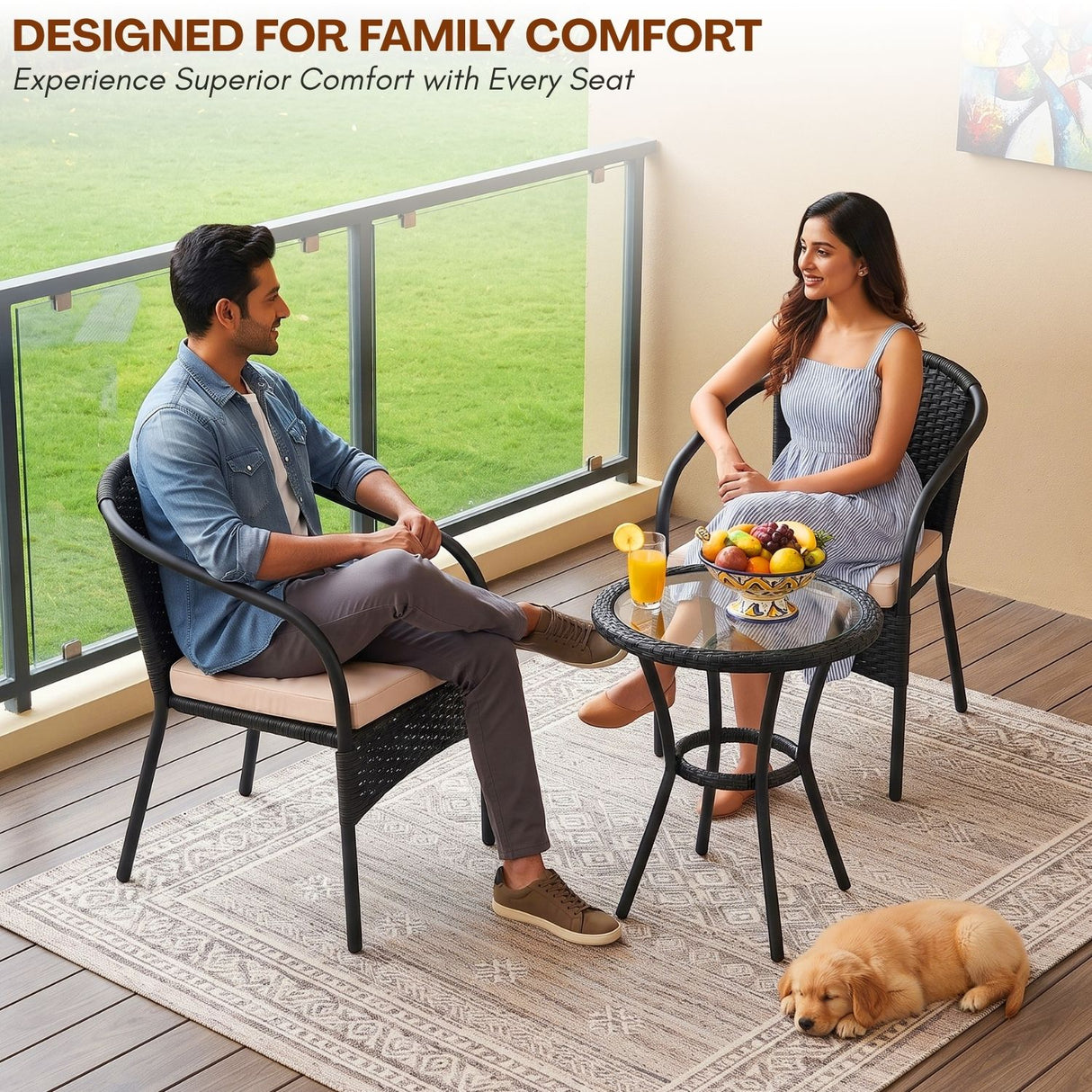 3 Piece Outdoor Wicker Patio Furniture Set (Black & Cream)