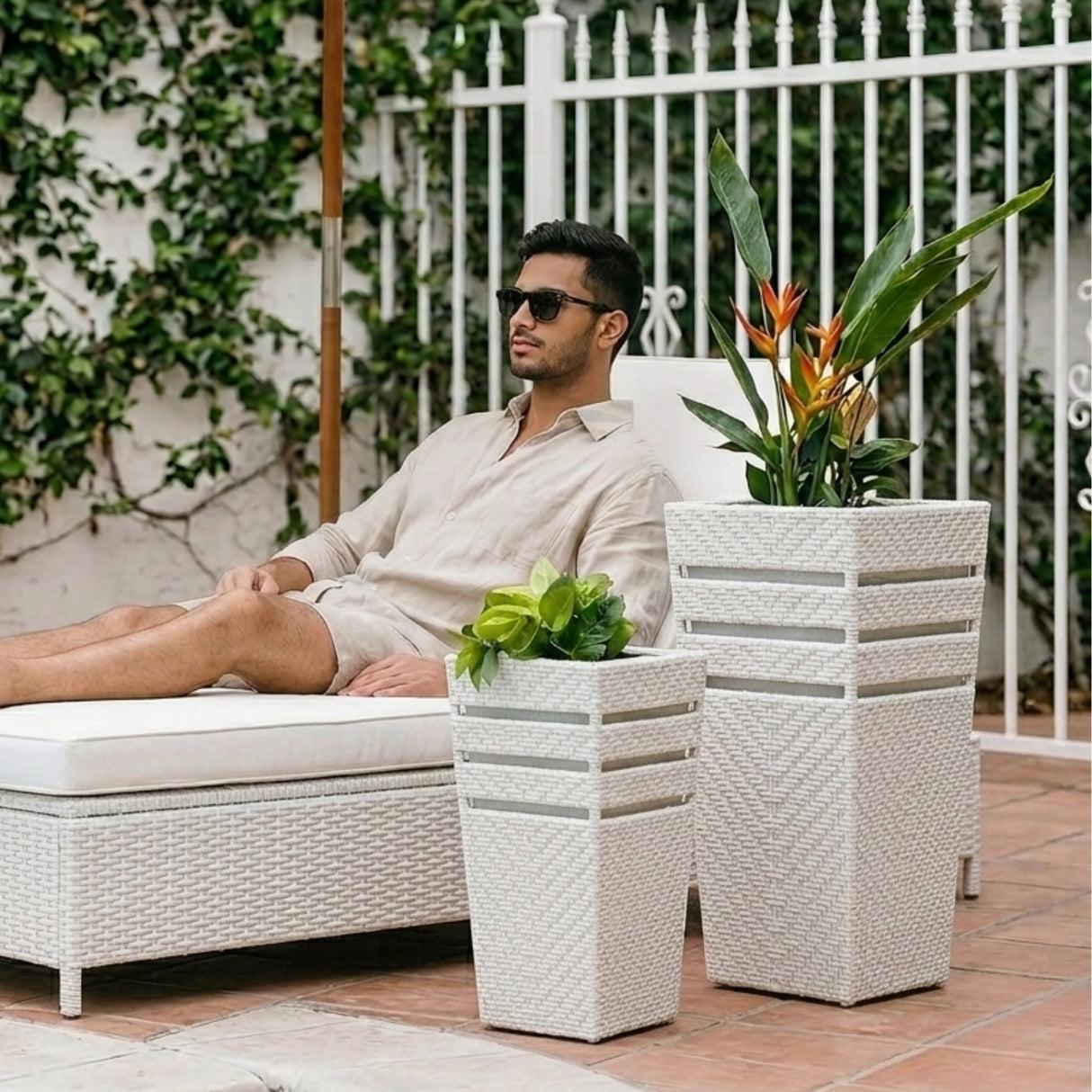 Outdoor Tall Square Rattan Planter Set of 2 (White)