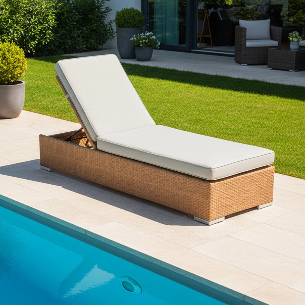 Outdoor All-Weather Rattan Wicker Lounger (Beige & Grey)