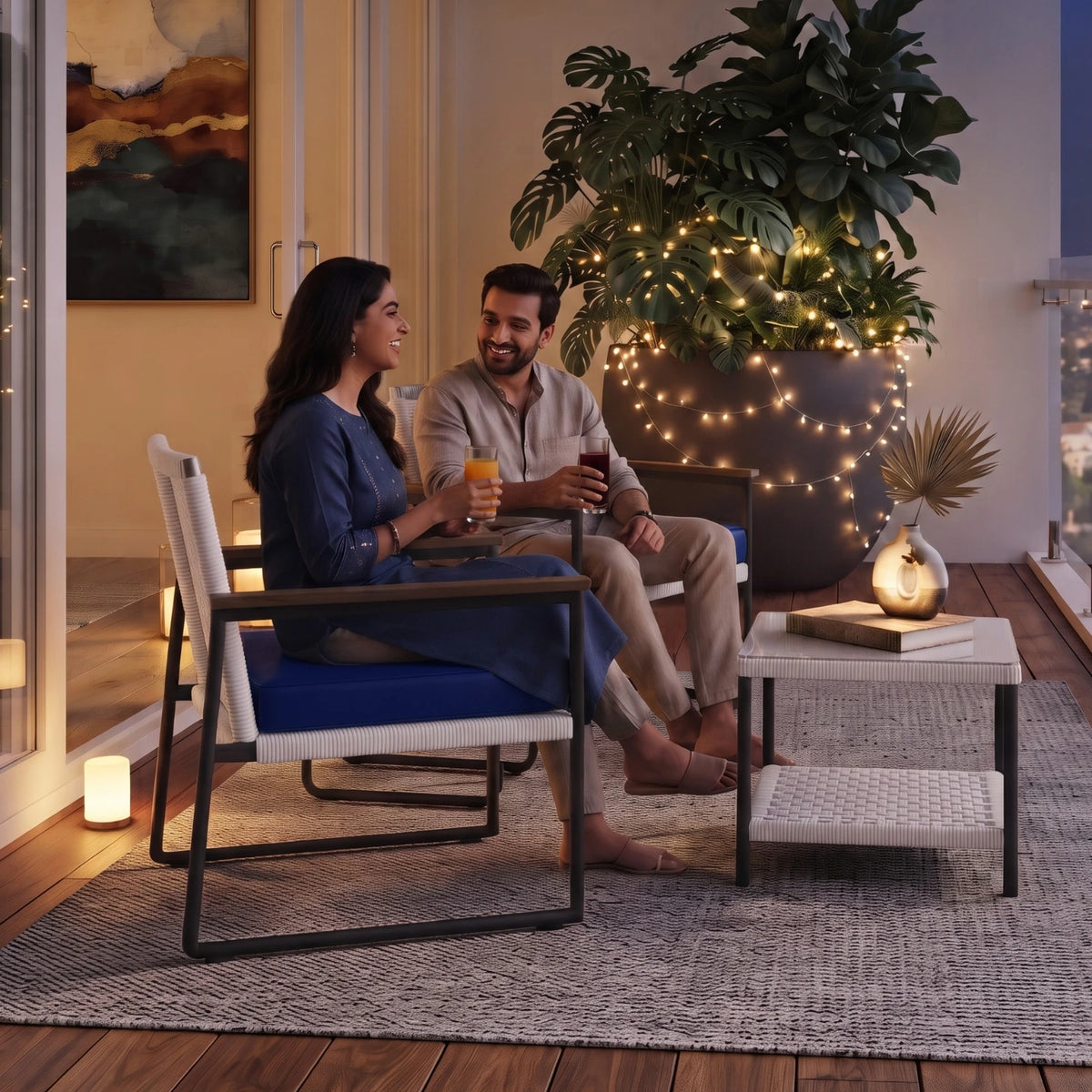 Outdoor 3-Piece Wicker Patio Set(White & Navy Blue)