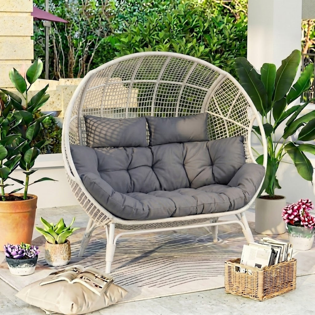Outdoor Rattan Wicker Double Seater Egg Chair (White & Grey)