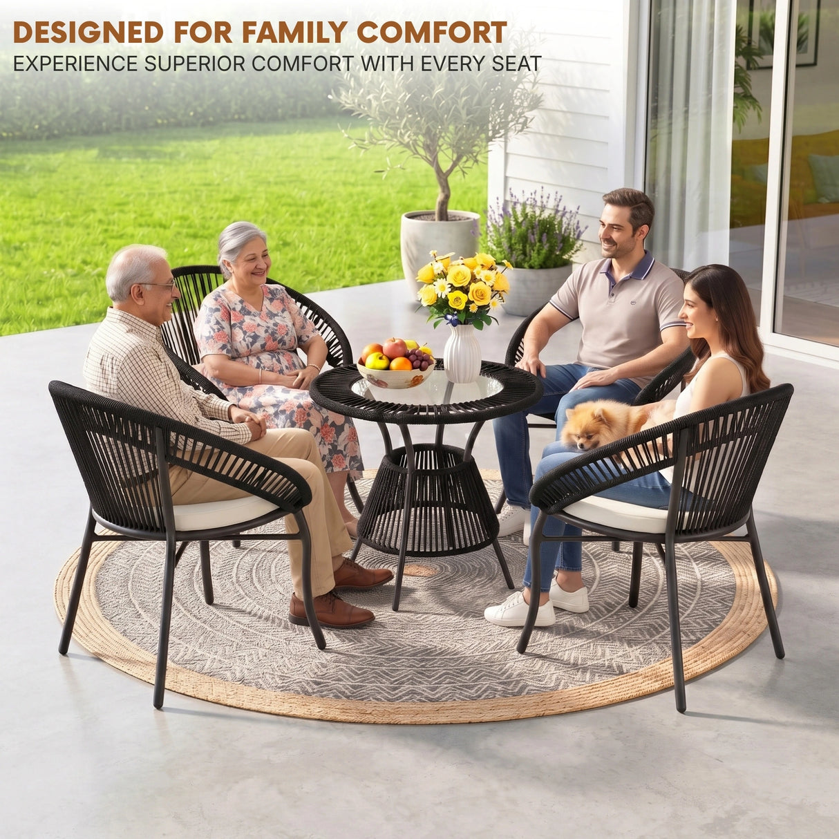 Outdoor 4-Seater Patio Rope Conversation Set (Black & Off-White)