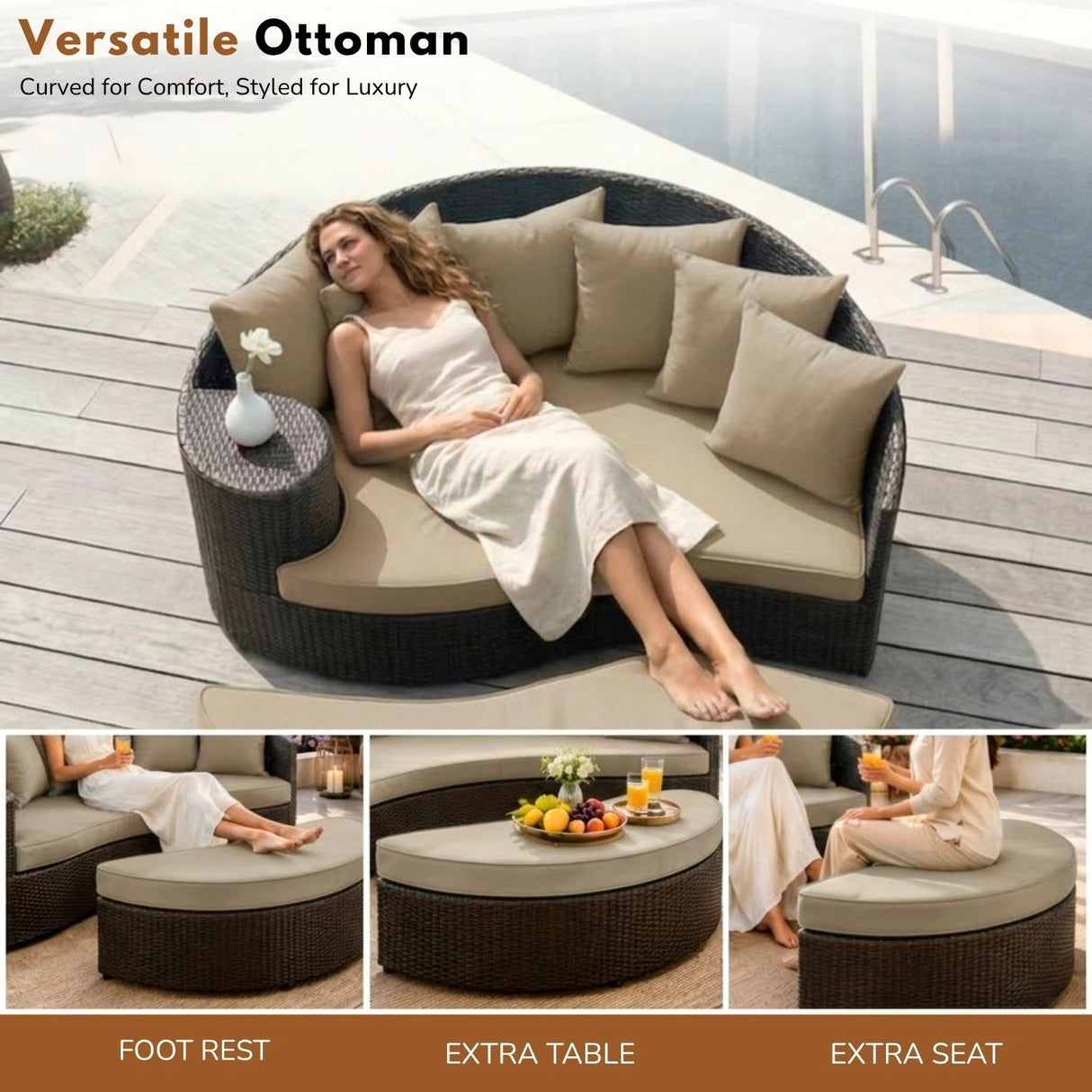Outdoor Rattan Wicker Daybed (Dark Brown & Beige)