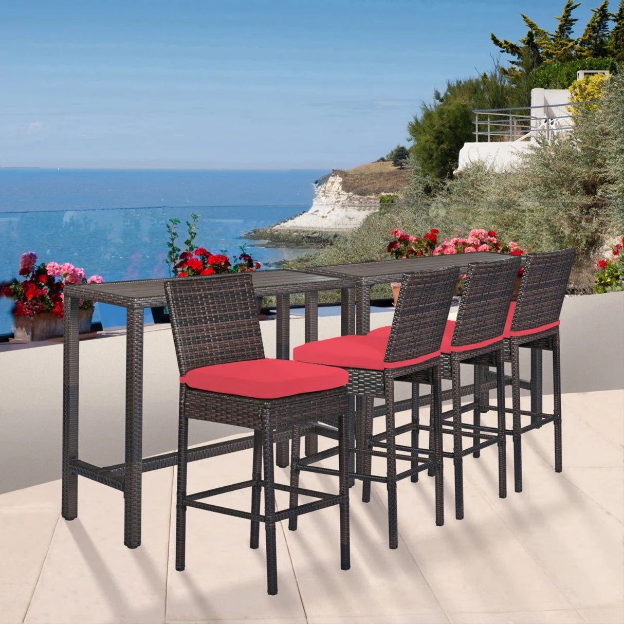 All-Weather Rattan Wicker Bar Set with High-Top Outdoor Table & Chairs