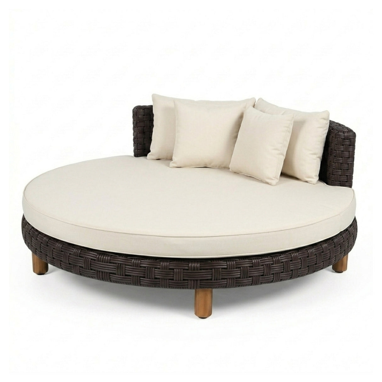Outdoor All-Weather Rattan Wicker Round Daybed (Dark Brown & Cream)