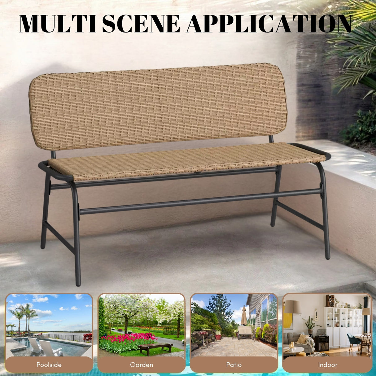 2-Seater Outdoor Garden Rattan Bench With Metal Frames