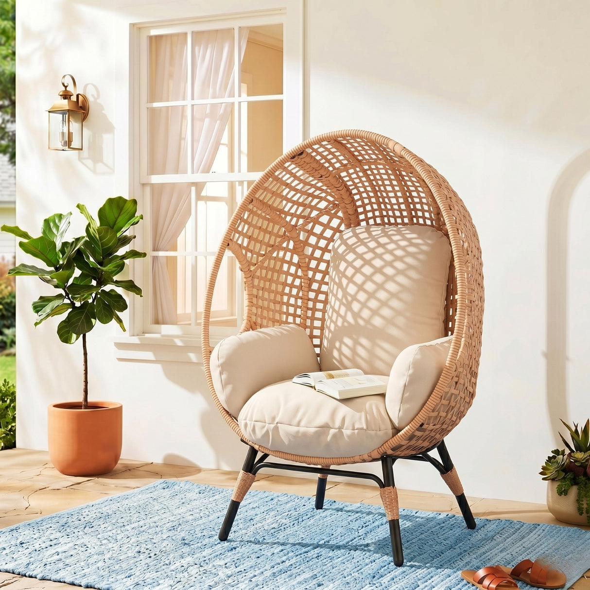 Outdoor Wicker Egg Chair with Cushions (Beige)