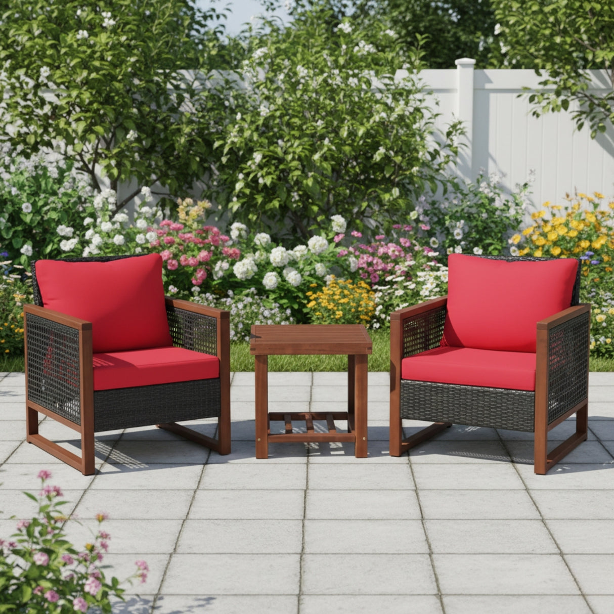 Outdoor Wicker 3-Piece Patio Furniture Set with Solid Wooden Frames (Dark Brown & Red)
