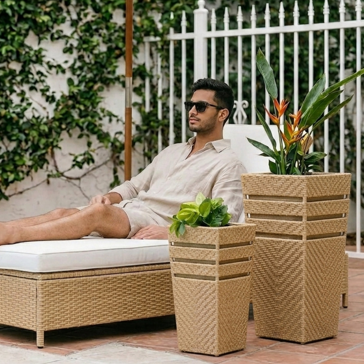 Outdoor Tall Square Rattan Planter Set of 2 (Beige)