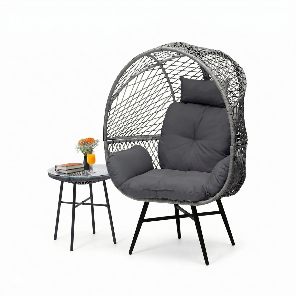 Outdoor Wicker Egg Chair with Glass Top Side Table (Silver Grey & Dark Grey)