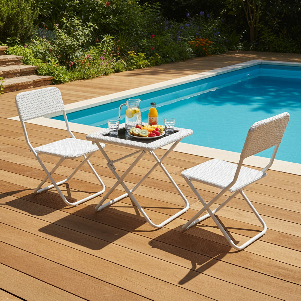 3-Piece Outdoor Wicker Folding Patio Set (White)