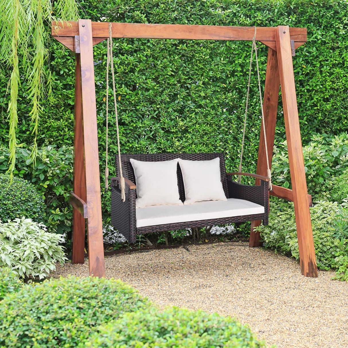 Outdoor Dark Brown Rattan Wicker Two Seater Sofa Swing
