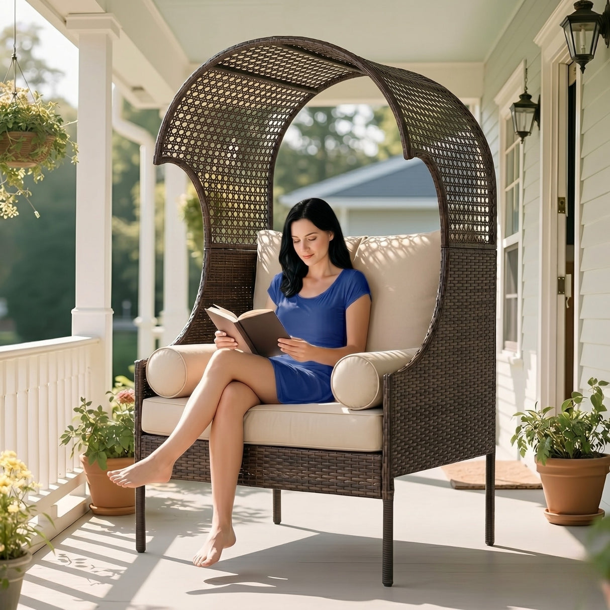 Outdoor Wicker Canopy Egg Chair with Cushions (Dark Brown & Cream)
