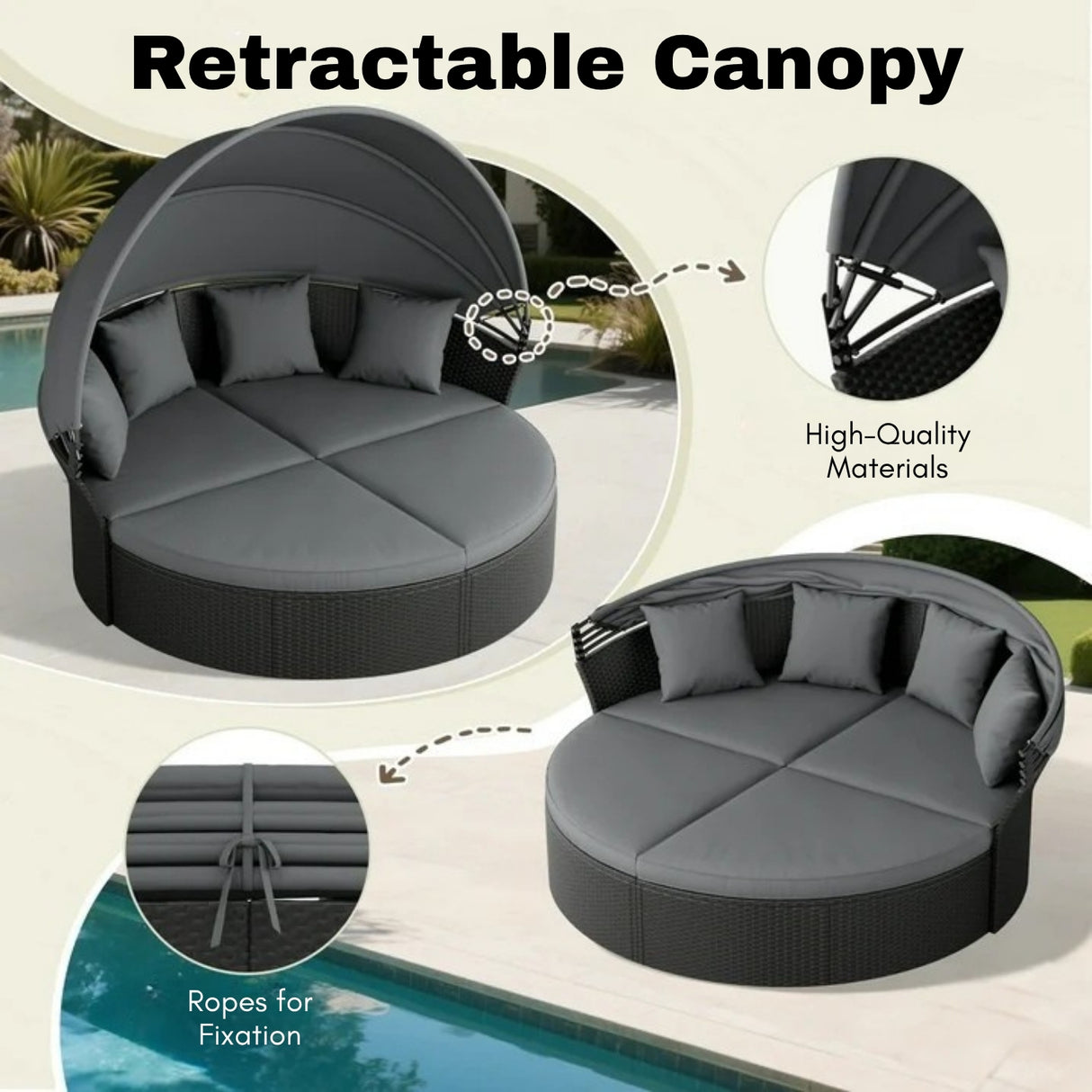 Outdoor Round Canopy Daybed Wicker Patio Furniture Set with Cushions