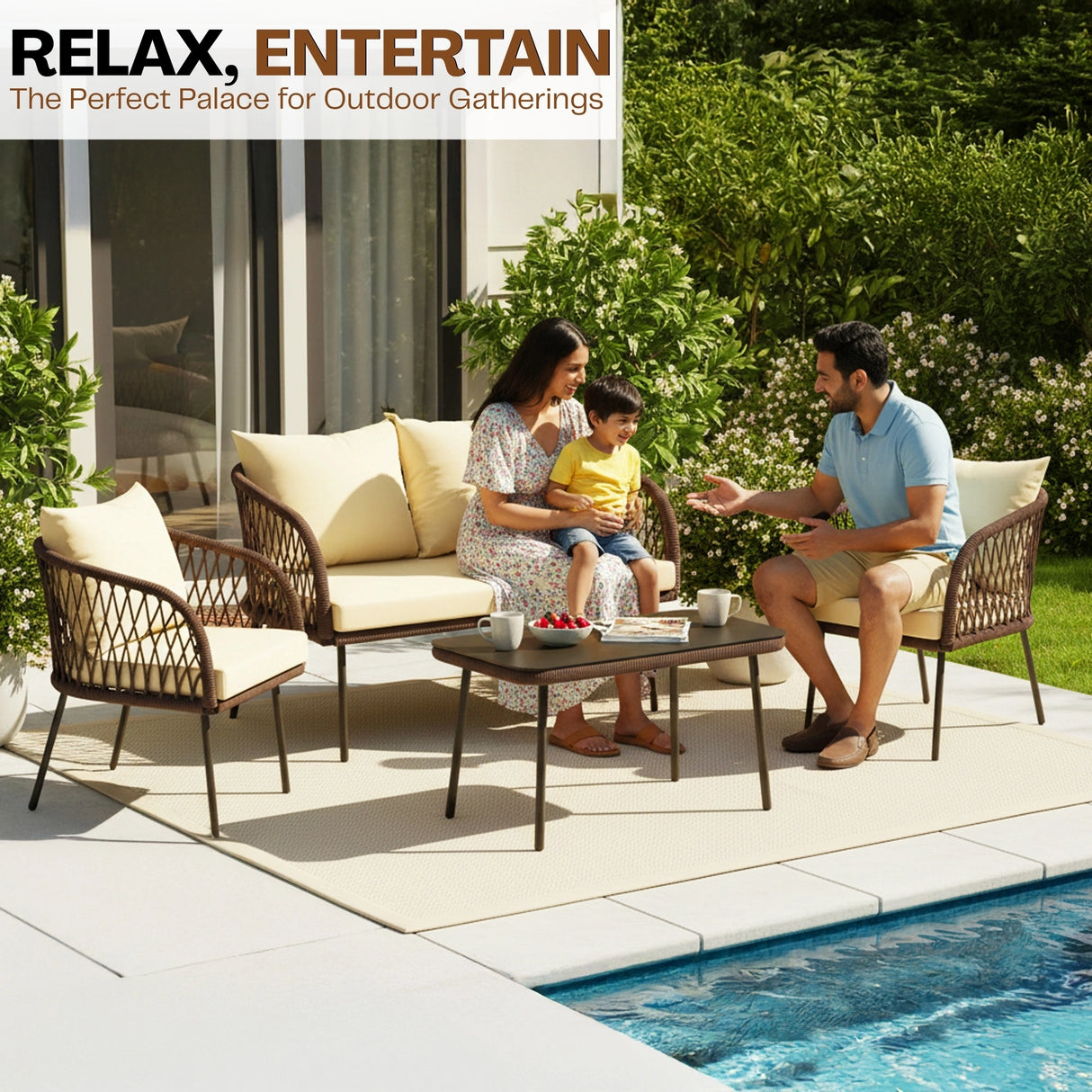 Outdoor Rope 4-Seater Sofa Set with Glass Top Table (Brown & Cream)